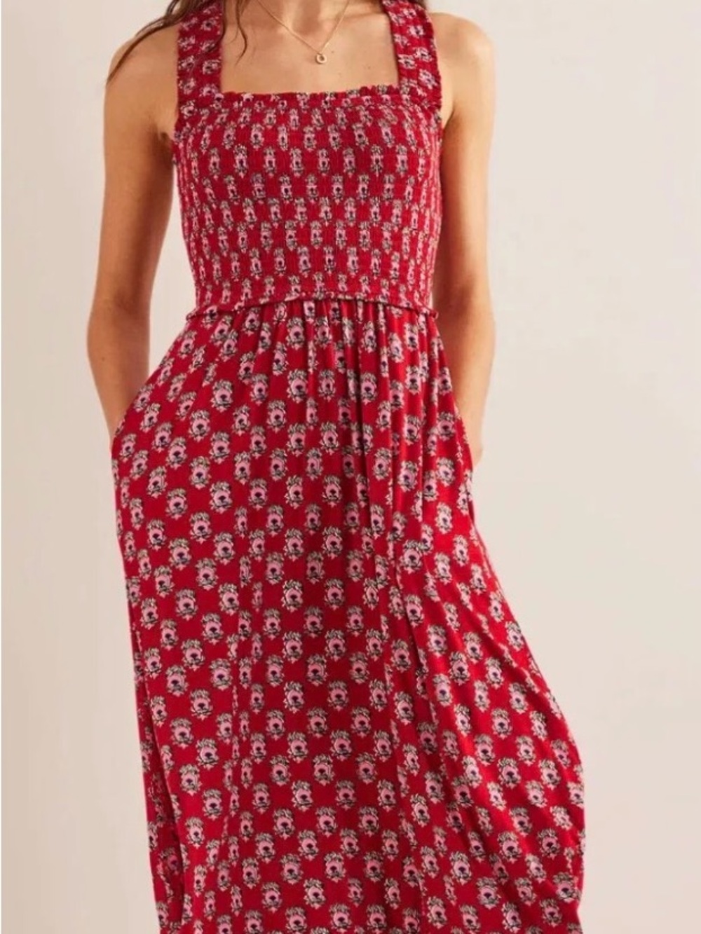 Boden Red Floral Smocked Midi Dress